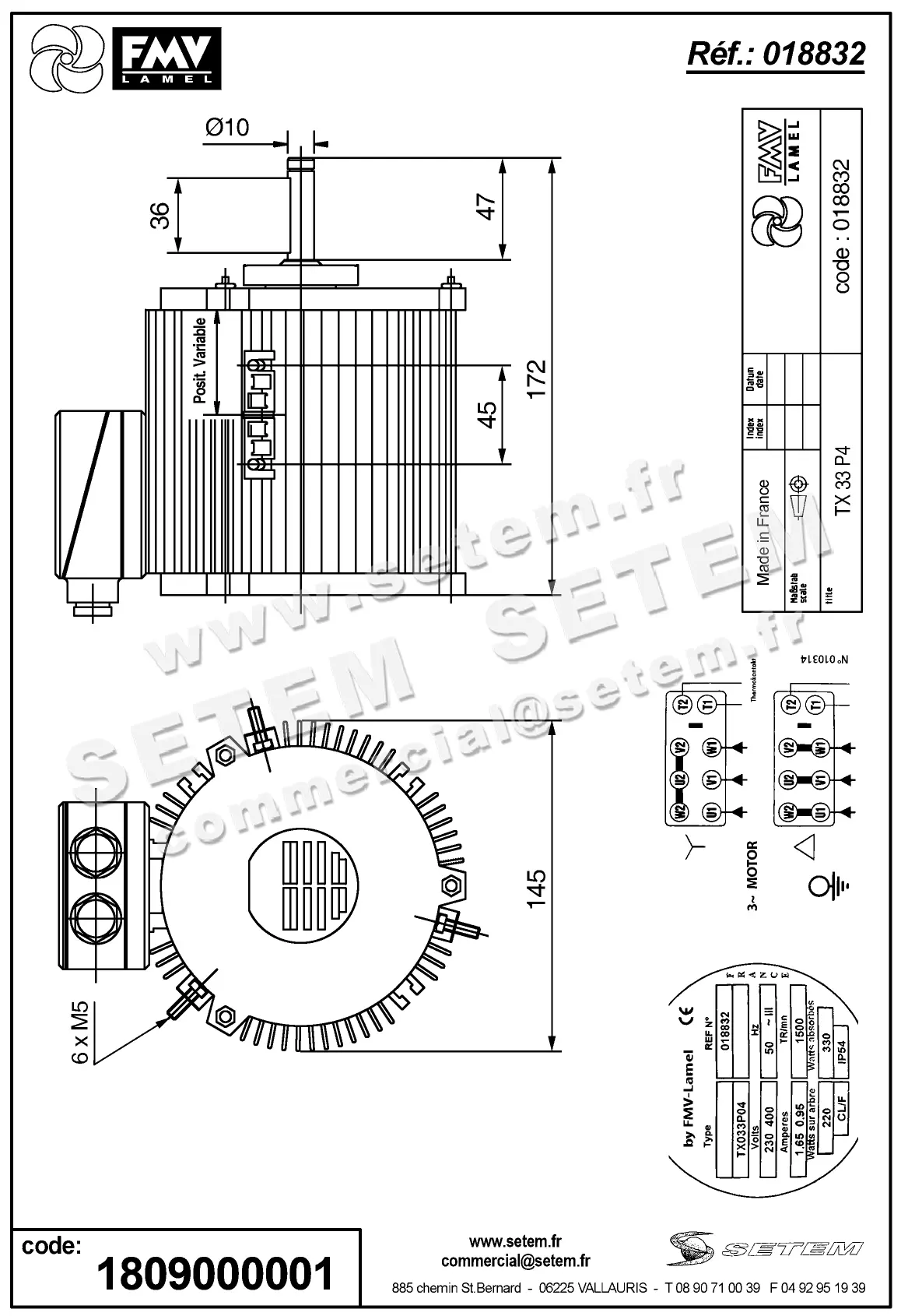 1809000001-MOTEUR FMV TX033P04 220/330W 4P T230/400V *18832* 2