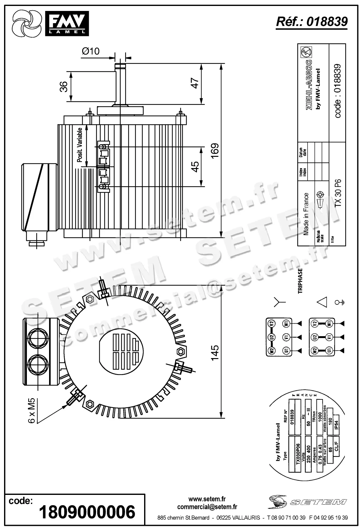 1809000006-MOTEUR FMV TX030P06 65/180W 6P T230/400V *18839* 2