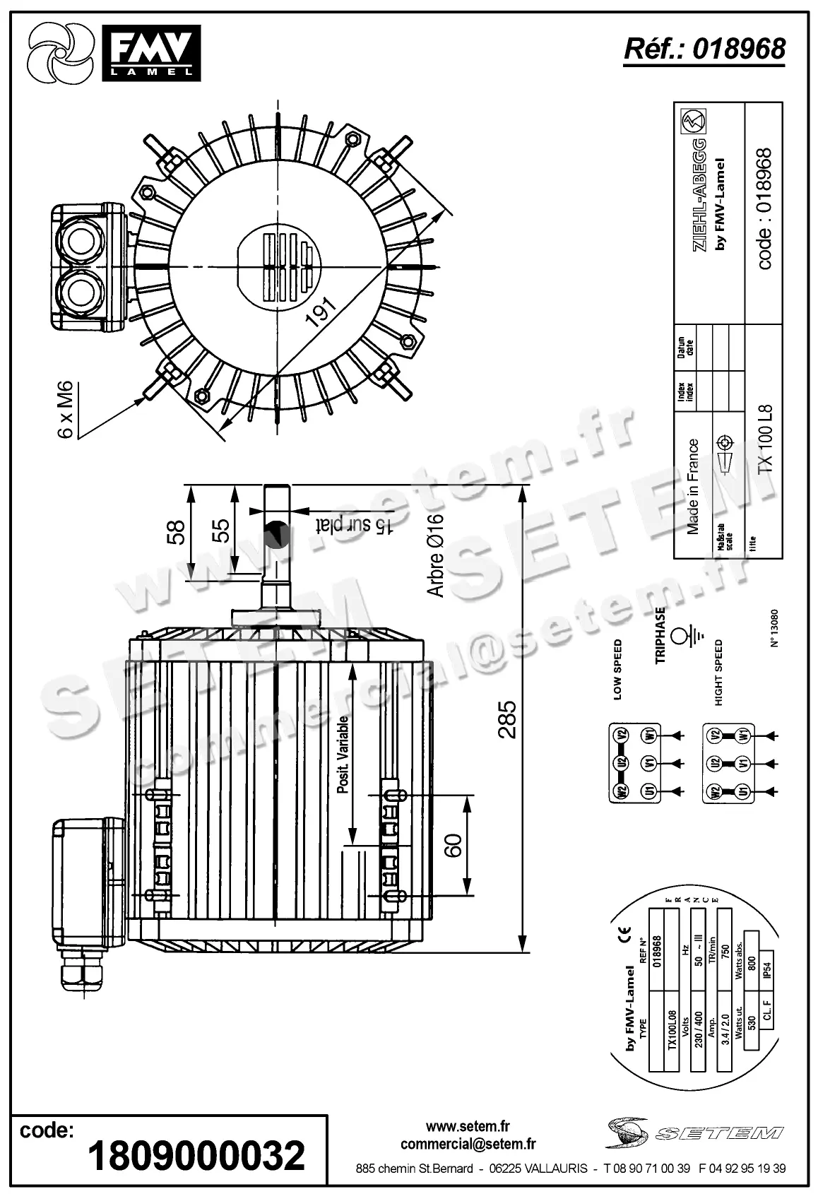1809000032-MOTEUR FMV TX100L08 530/800W 8P T230/400V *18968* 2