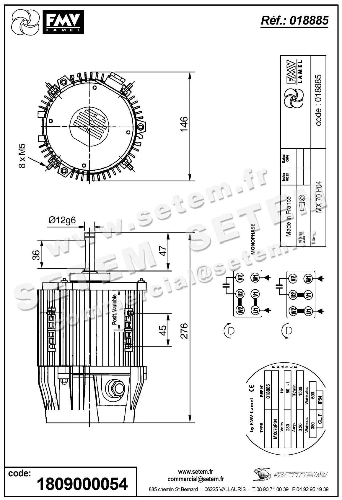1809000054-MOTEUR FMV MX070P04 380/600W 4P M230V *18885* 2