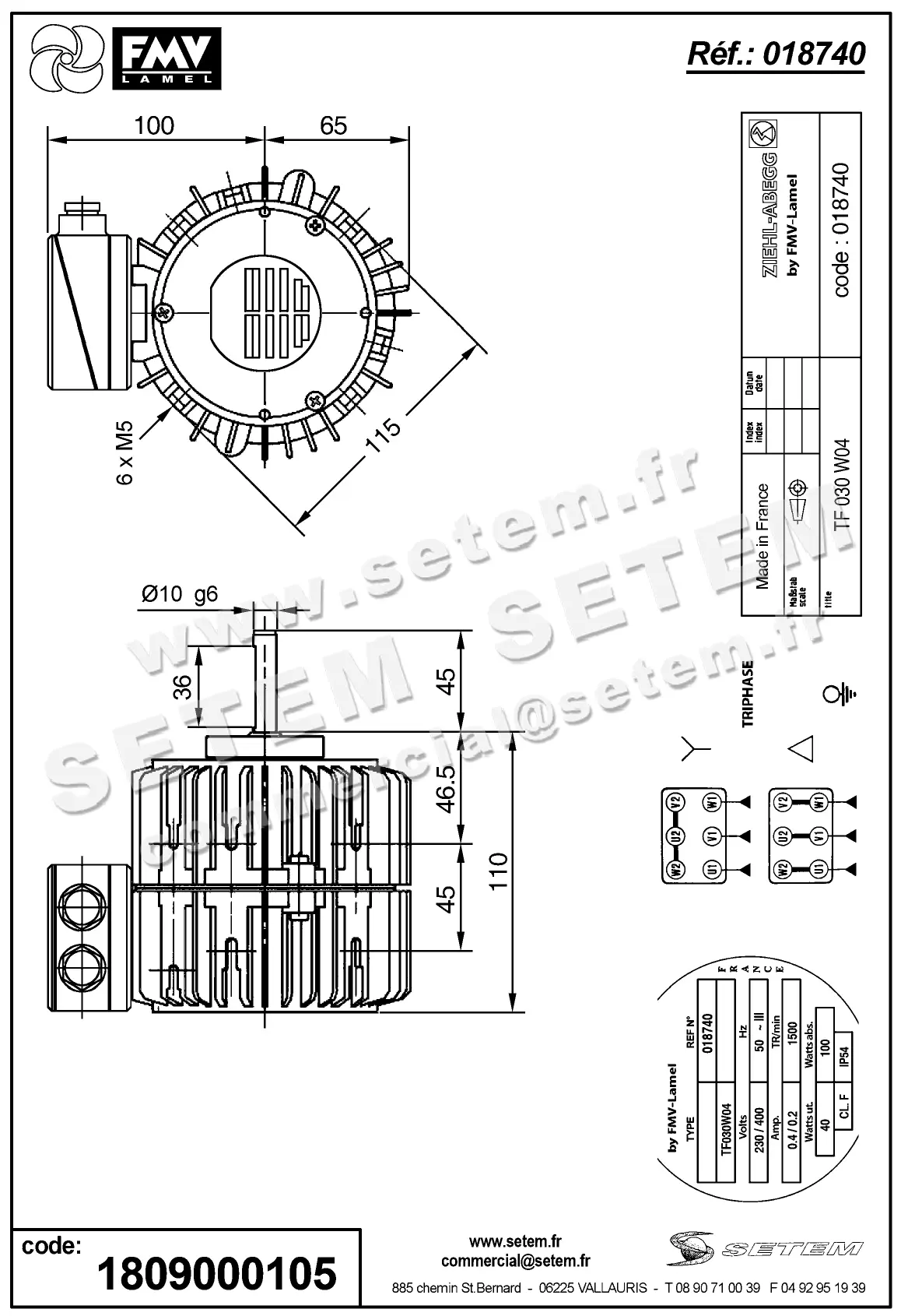 1809000105-MOTEUR FMV TF030W04 40/100W 4P T230/400V *18740* 2
