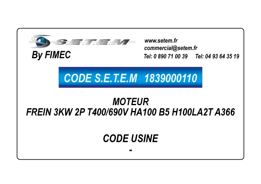1839000110-MOTEUR FIMEC FREIN 3KW 2P T400/690V HA100 B5 H100LA2T A366