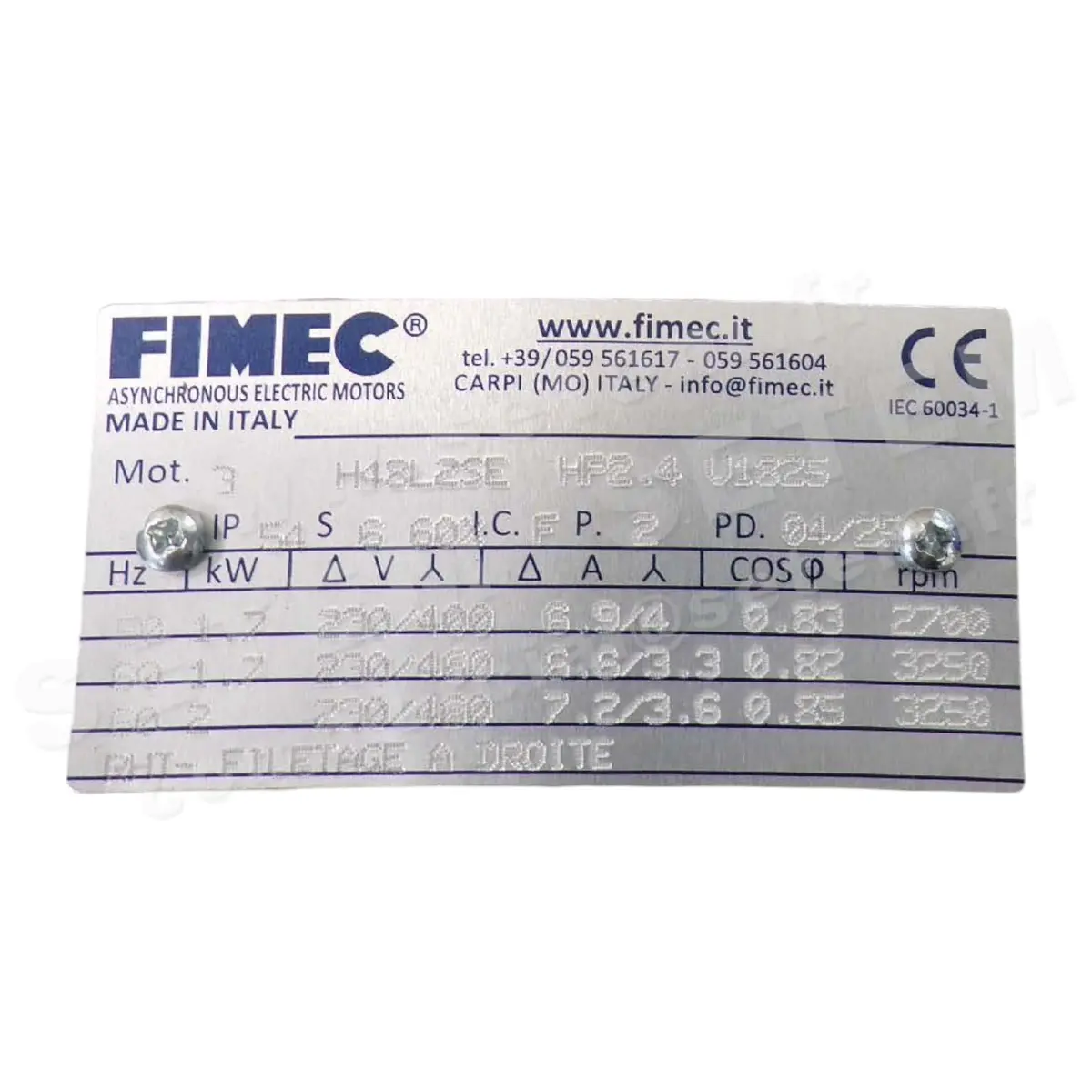 1913000210-MOTEUR FIMEC 1.70KW 2P T230/400V FILETAGE A DROITE H48L2SE