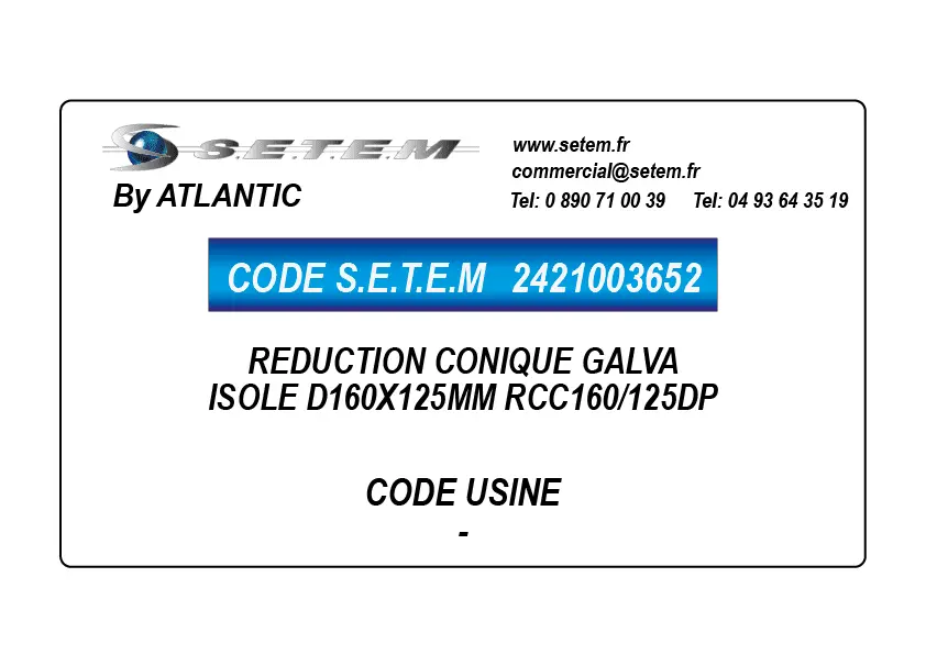 2421003652-REDUCTION CONIQUE GALVA ISOLE D160X125MM RCC160/125DP-25 ATLANTIC