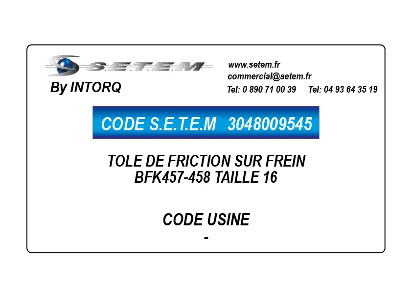 3048009545-TOLE DE FRICTION SUR FREIN BFK457-458 TAILLE 16 INTORQ