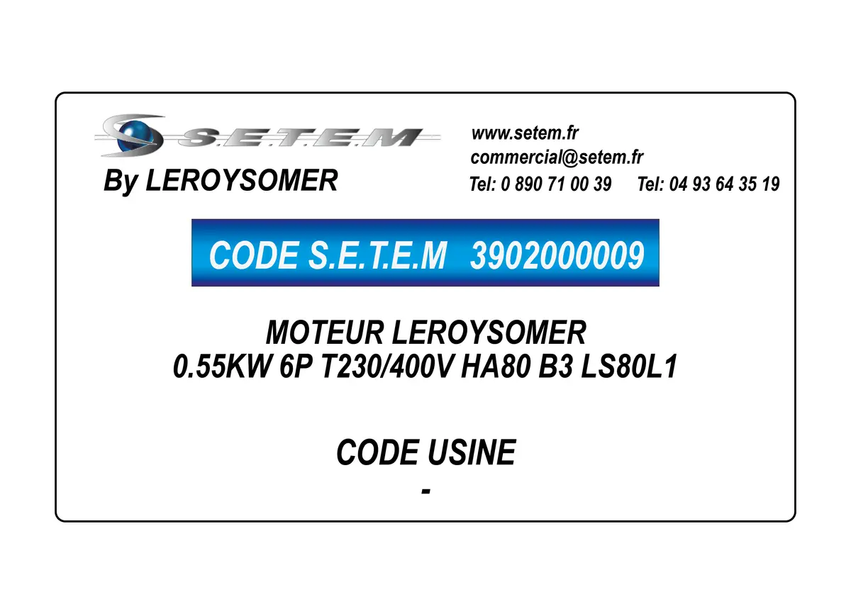 3902000009-MOTEUR LEROYSOMER 0.55KW 6P T230/400V HA80 B3 LS80L1