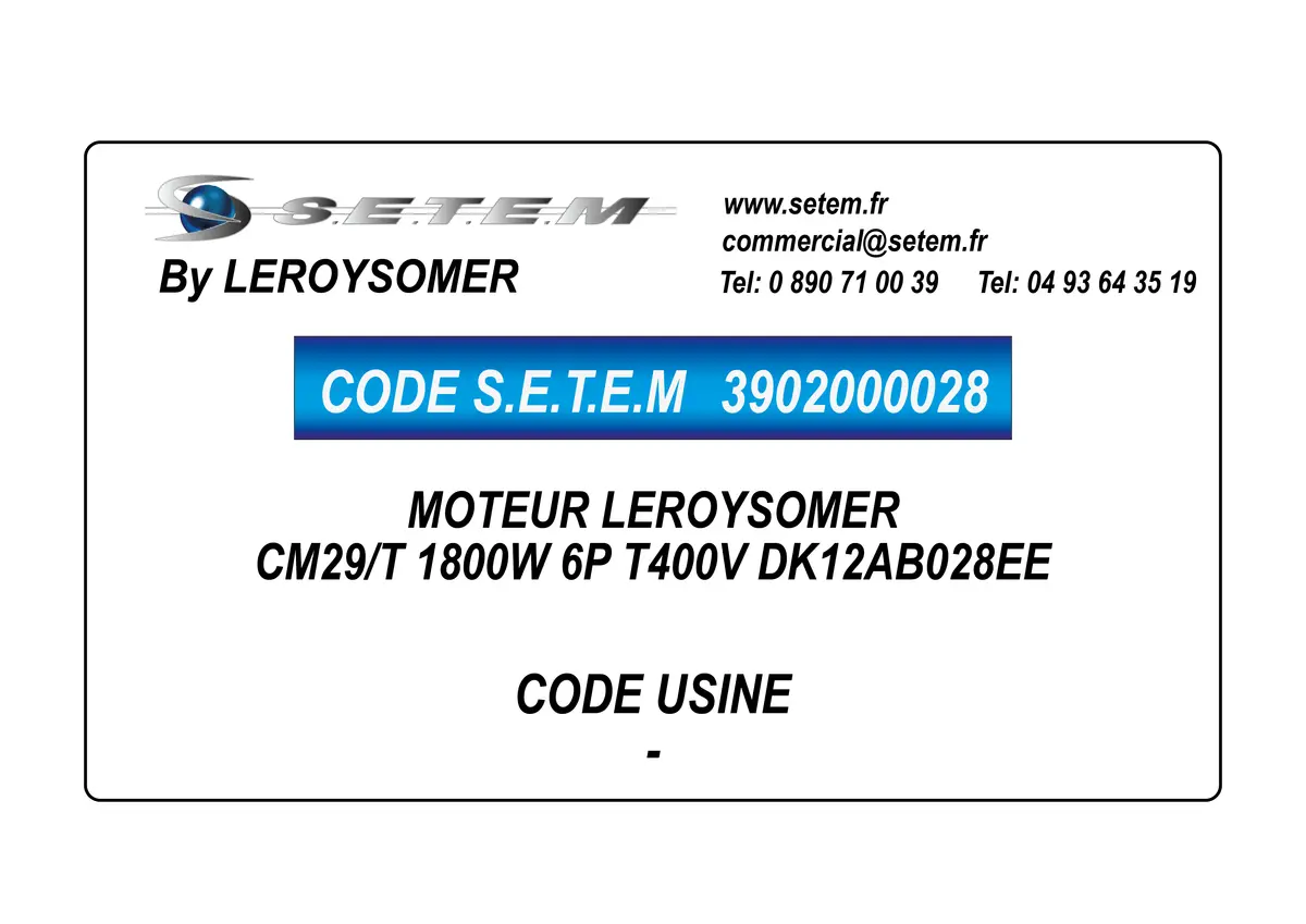 3902000028-MOTEUR LEROYSOMER CM29/T 1800W 6P T400V "DK12AB028EE"