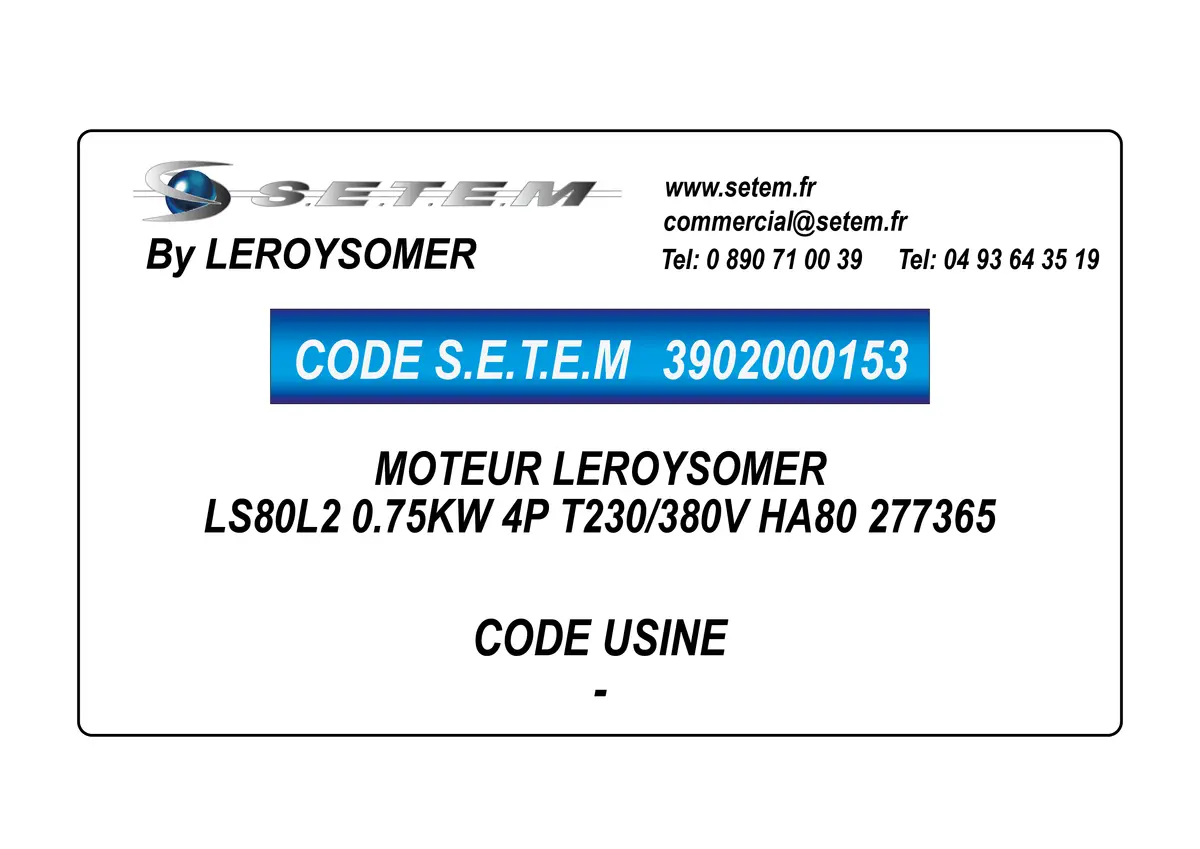 3902000153-MOTEUR LEROYSOMER LS80L2 0.75KW 4P T230/380V HA80 277365
