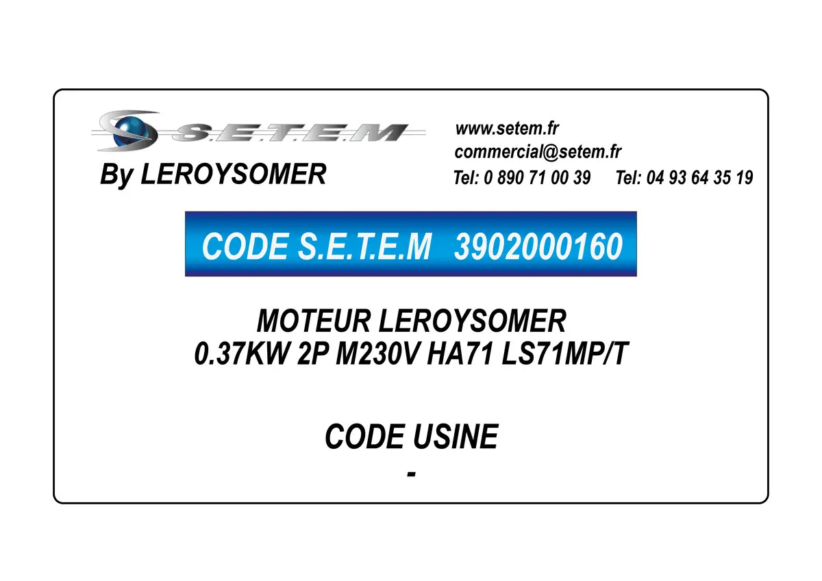 3902000160-MOTEUR LEROYSOMER 0.37KW 2P M230V HA71 LS71MP/T