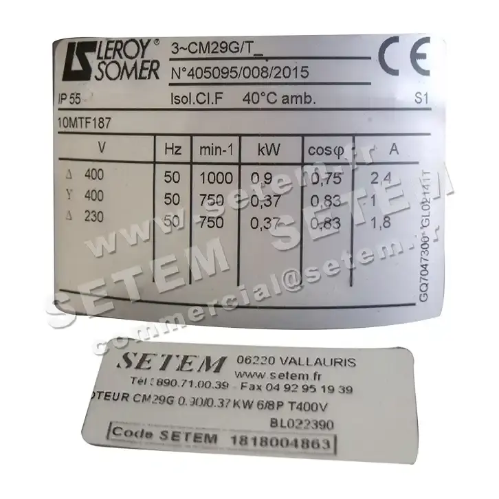 3902004863-MOTEUR LEROYSOMER CM29G/T 0.90/0.37KW 6/8P T400V "10MTF187" 2