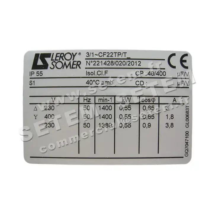 3902009538-MOTEUR LEROYSOMER CF22TP/T 550W 4P T230/400V 2