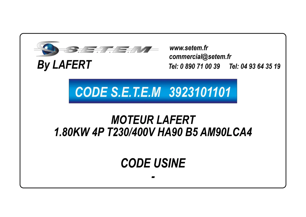 3923101101-MOTEUR LAFERT 1.80KW 4P T230/400V HA90 B5 AM90LCA4