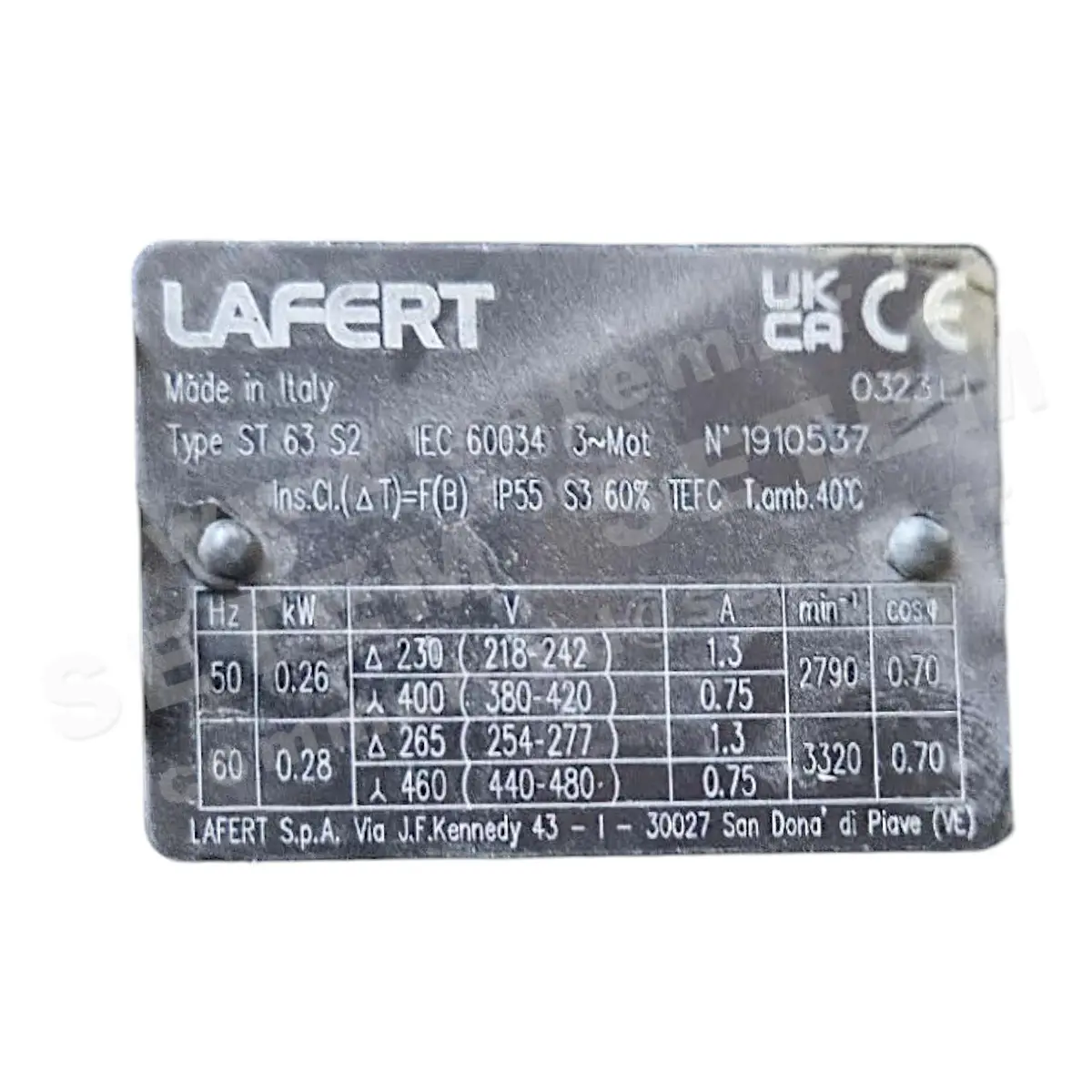 3923101560-MOTEUR LAFERT 0.26KW 2P T230/400V HA63 ST63S2