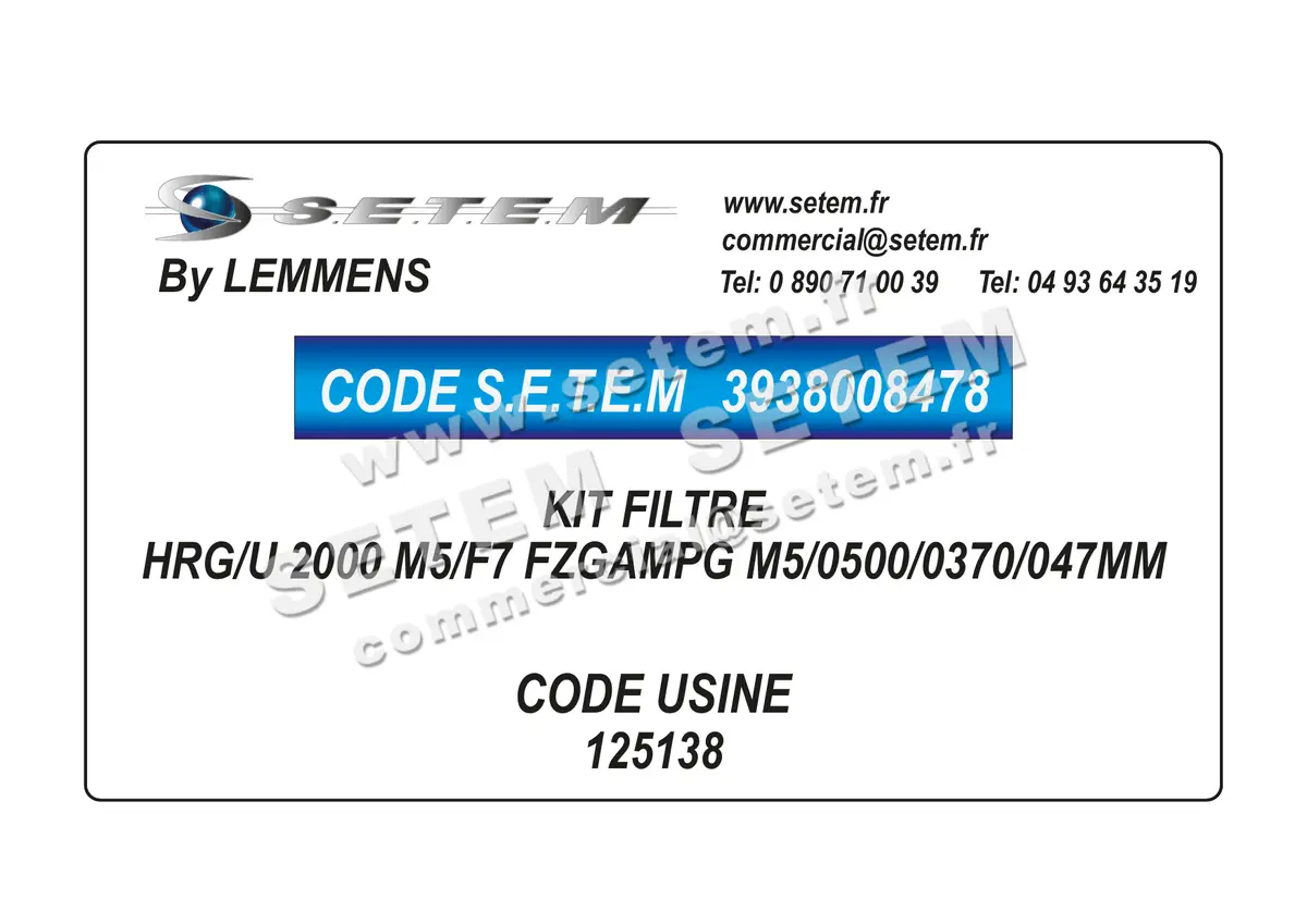 3938008478-KIT FILTRE LEMMENS HRG/U 2000 M5/F7 FZGAMPG M5/0500/0370/047MM *125138* 4