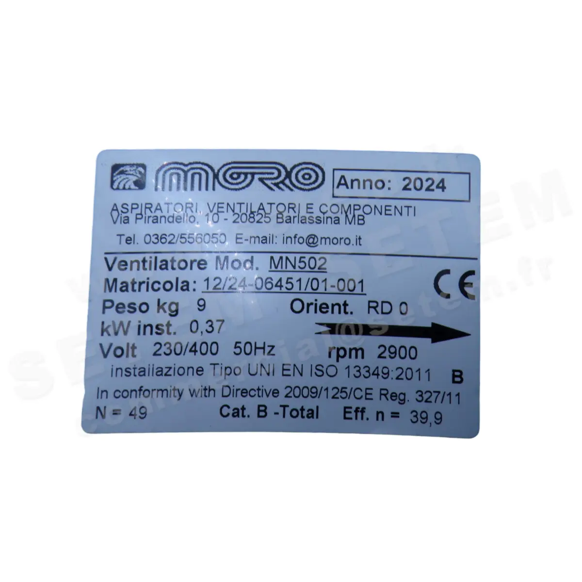 4335005810-VENTILATEUR MORO MN502T5R RD 0° 0.37KW 2P T230/400V 2