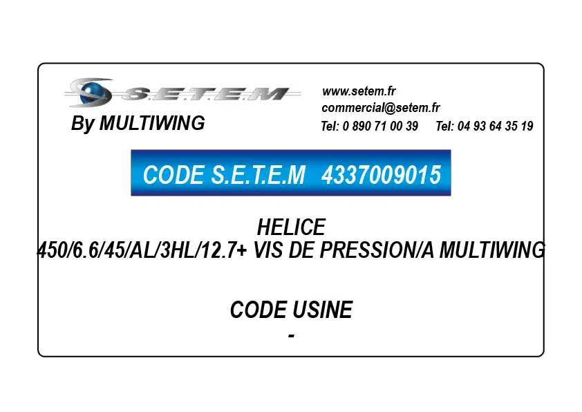 4337009015-HELICE 450/6.6/45/AL/3HL/12.7+ VIS DE PRESSION/A MULTIWING