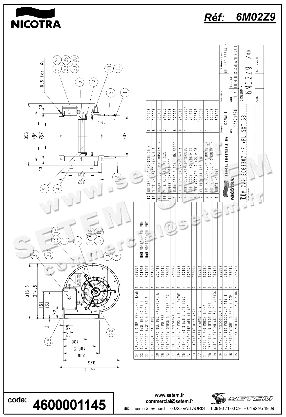 VENTILATEUR DDM7/7 184W 4P M230V 3V E6G3307 +BR+PI+BB *6M02Z9* 2