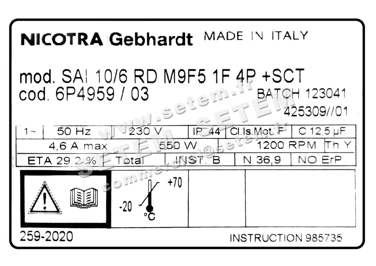 4624001810-VENTILATEUR NICOTRA GEBHARDT SAI10/6RD 550W 4P M230V 1V M9F5 +BB *6P4959* 3
