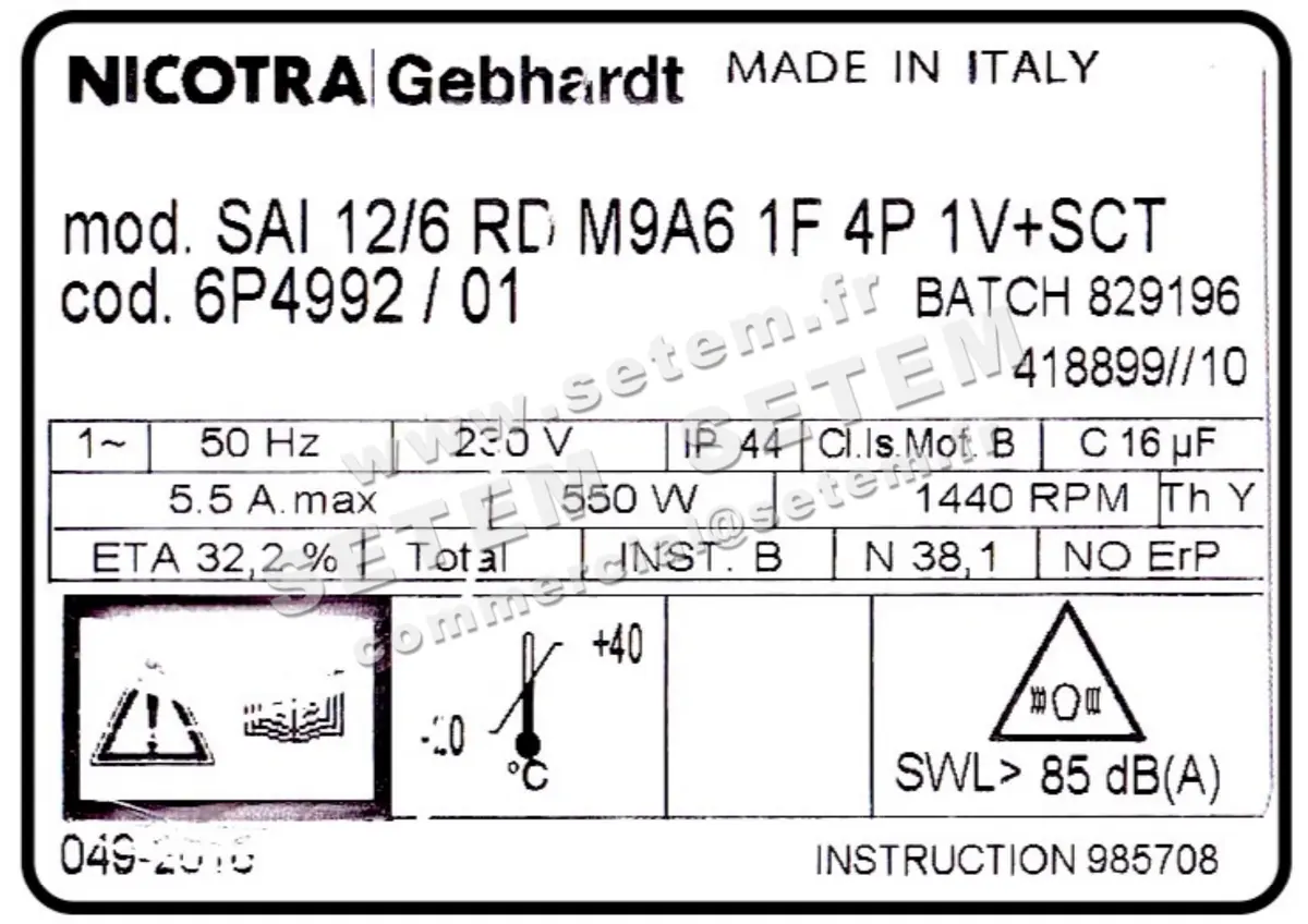 4624001814-VENTILATEUR NICOTRA GEBHARDT SAI12/6RD 550W 4P M230V 1V M9A6 +BB *6P4992* 3