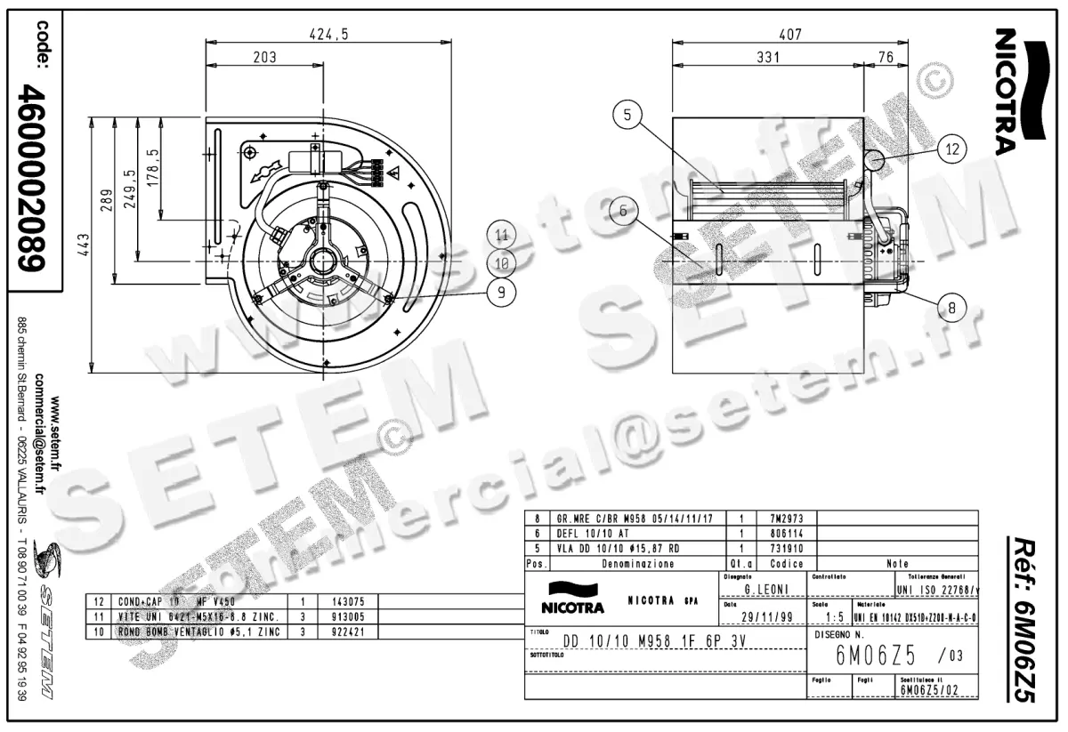 4624002089-VENTILATEUR NICOTRA GEBHARDT DD10/10 500W 6P M230V 3V M958 *6M06Z5* 2