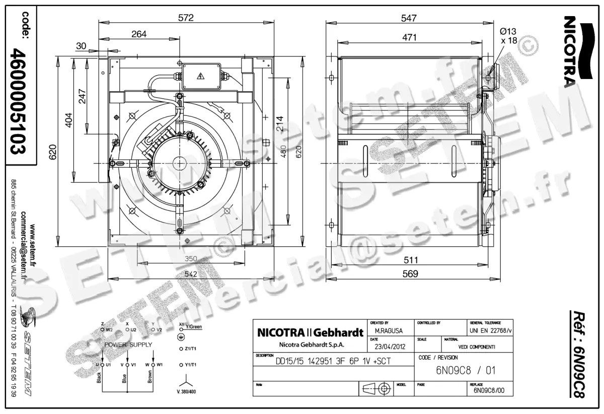 4624005103-VENTILATEUR NICOTRA GEBHARDT DD15/15 2200W 6P T400V 1V 142951 +BB *6N09C8* 2