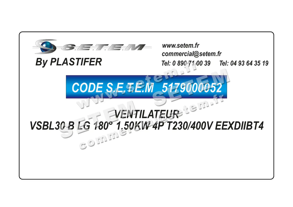 5179000052-VENTILATEUR PLASTIFER VSBL30 B LG 180° 1.50KW 4P T230/400V EEXDIIBT4