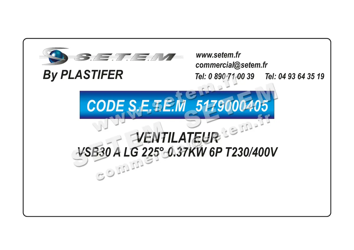 5179000405-VENTILATEUR PLASTIFER VSB30 A LG 225° 0.37KW 6P T230/400V