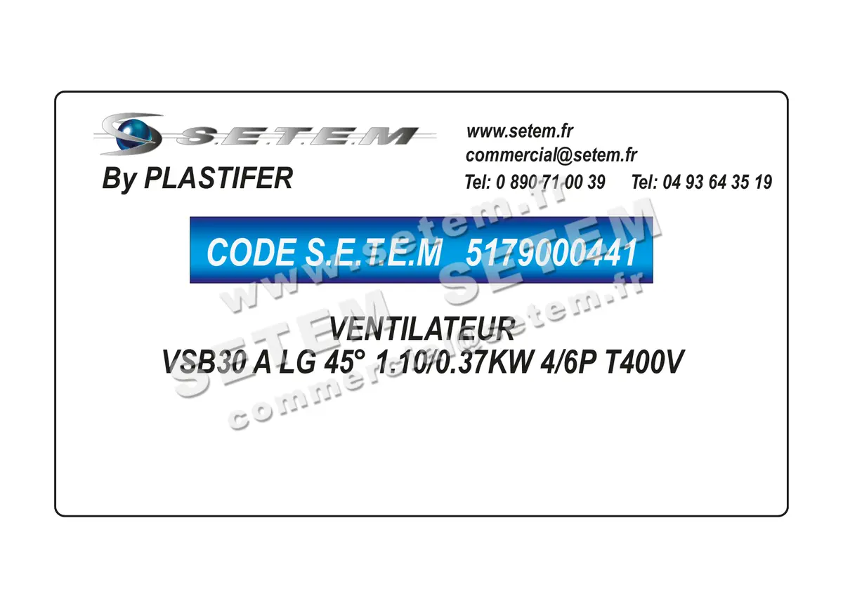 5179000441-VENTILATEUR PLASTIFER VSB30 A LG 45° 1.10/0.37KW 4/6P T400V