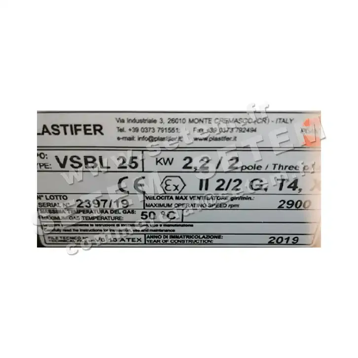 5179000792-VENTILATEUR PLASTIFER VSBL25 A LG 90° 2.20KW 2P T230/400V EEXDIIBT4