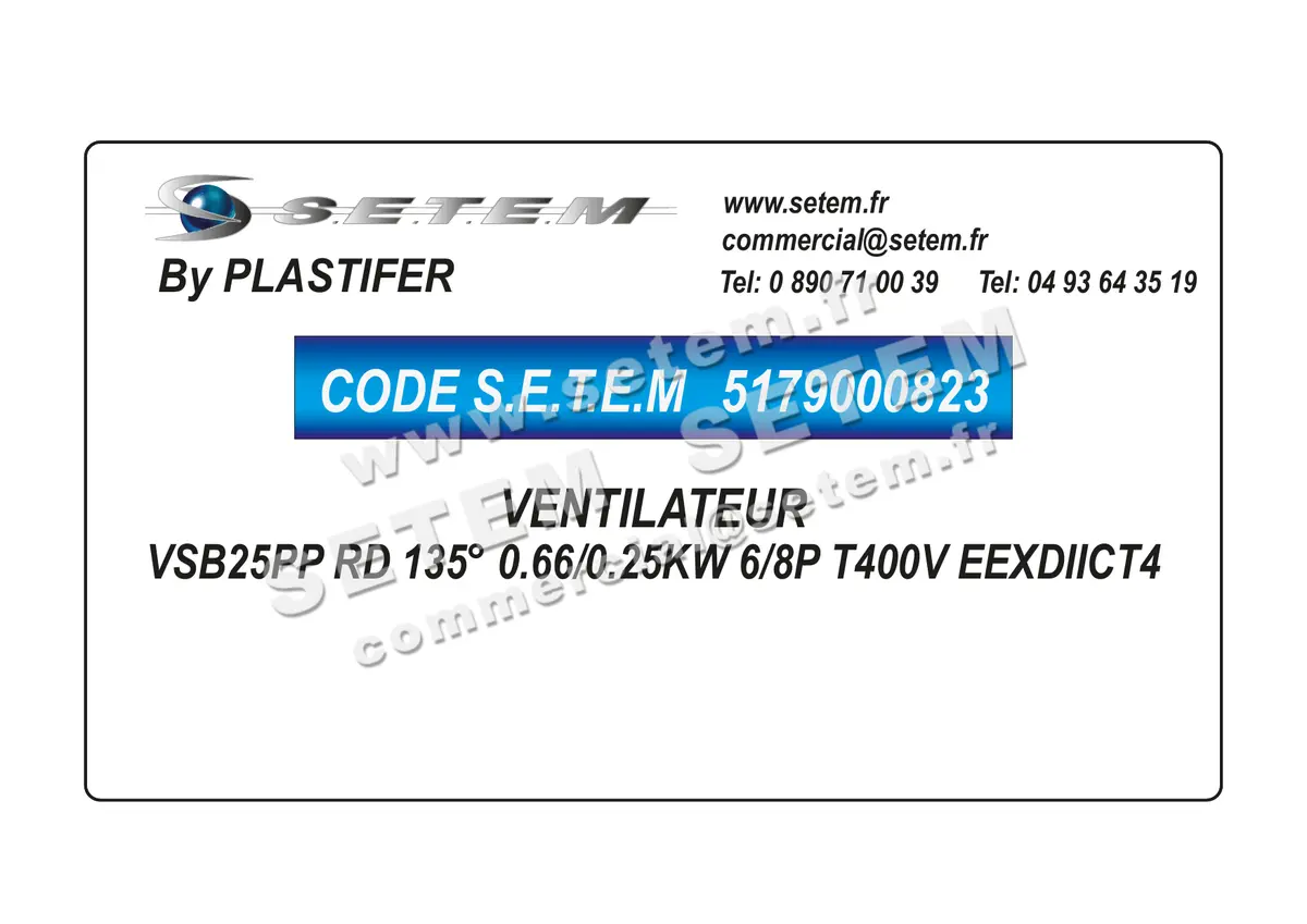 5179000823-VENTILATEUR PLASTIFER VSB25PP RD 135° 0.66/0.25KW 6/8P T400V EEXDIICT4