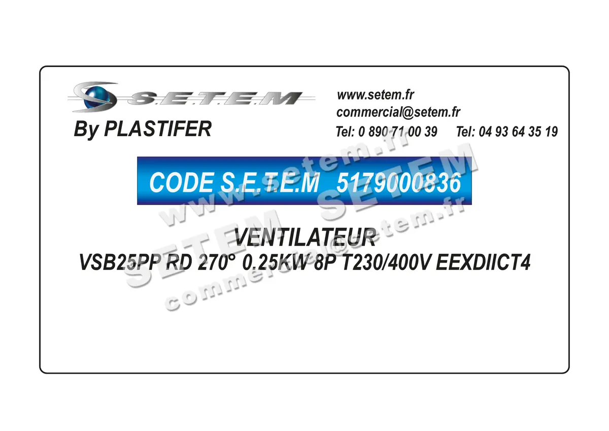 5179000836-VENTILATEUR PLASTIFER VSB25PP RD 270° 0.25KW 8P T230/400V EEXDIICT4