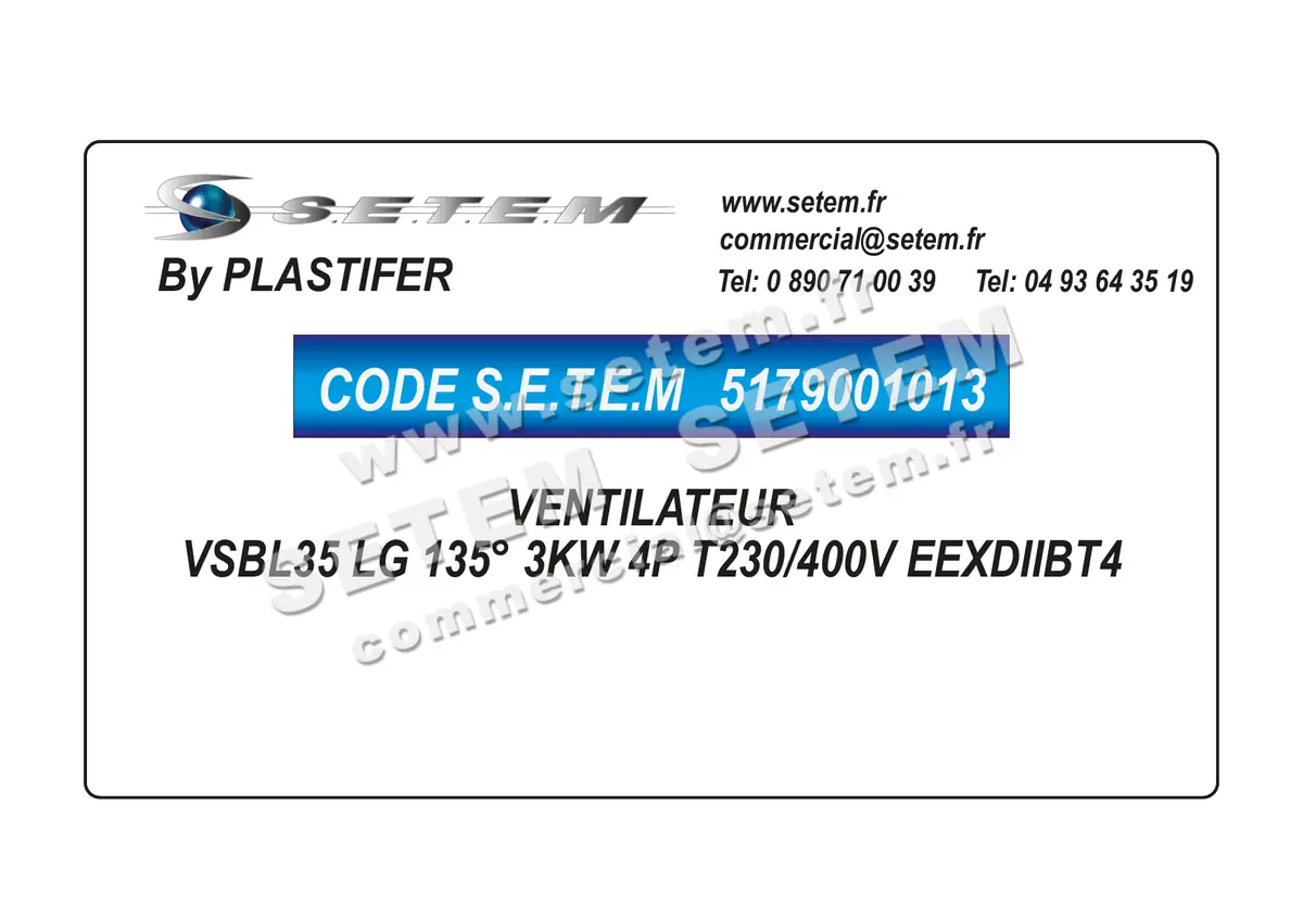 5179001013-VENTILATEUR PLASTIFER VSBL35 LG 135° 3KW 4P T230/400V EEXDIIBT4