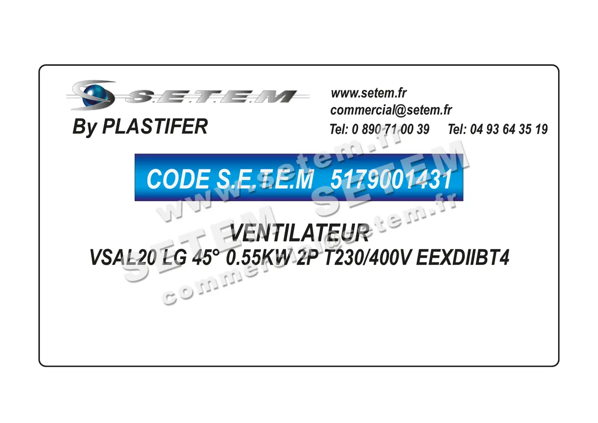 5179001431-VENTILATEUR PLASTIFER VSAL20 LG 45° 0.55KW 2P T230/400V EEXDIIBT4