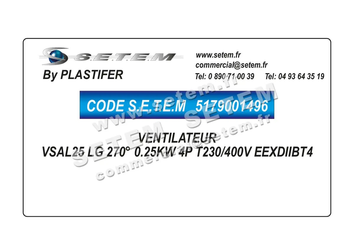 5179001496-VENTILATEUR PLASTIFER VSAL25 LG 270° 0.25KW 4P T230/400V EEXDIIBT4