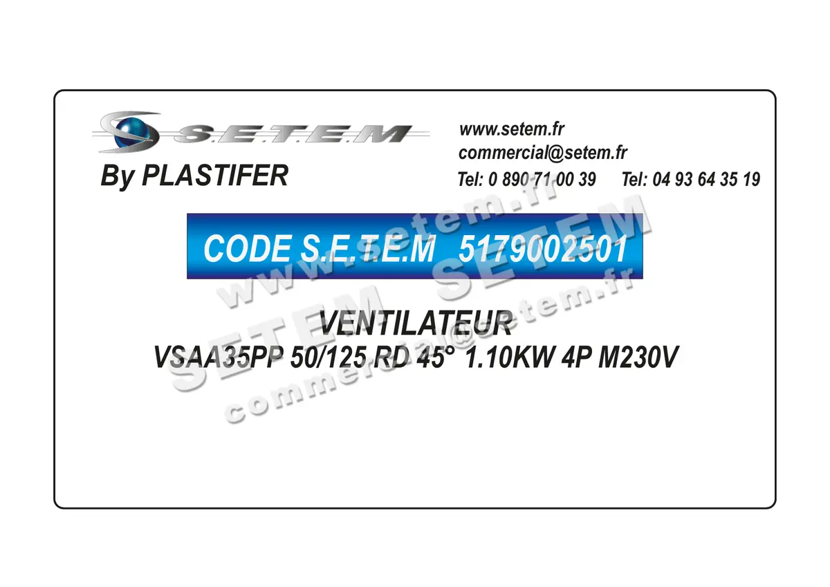 5179002501-VENTILATEUR PLASTIFER VSAA35PP 50/125 RD 45° 1.10KW 4P M230V