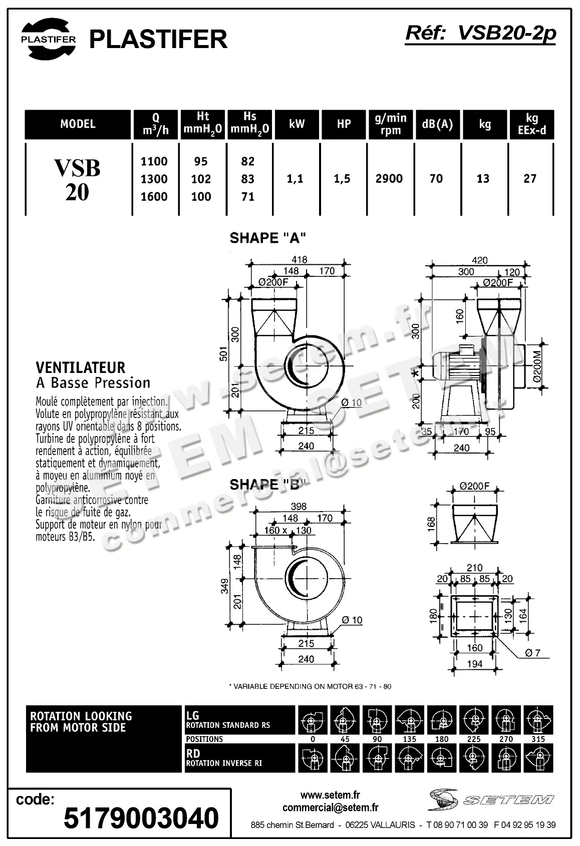 5179003040-VENTILATEUR PLASTIFER VSB20PP B LG 0° 1.10KW 2P T230/400V 2