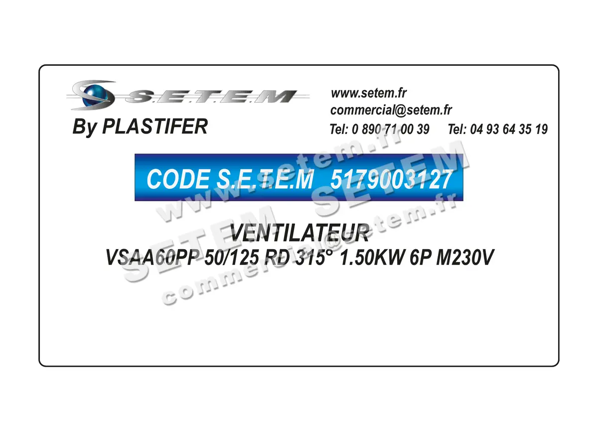 5179003127-VENTILATEUR PLASTIFER VSAA60PP 50/125 RD 315° 1.50KW 6P M230V