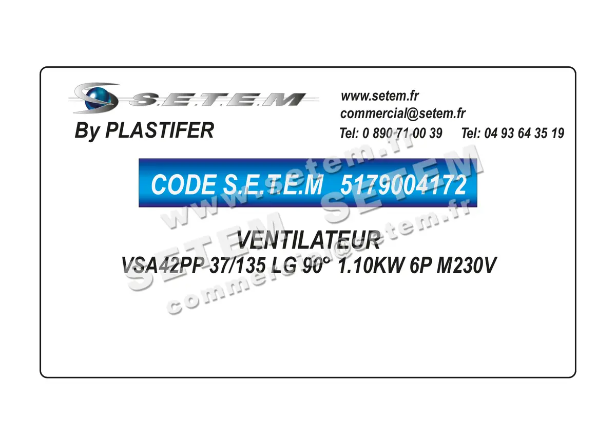 5179004172-VENTILATEUR PLASTIFER VSA42PP 37/135 LG 90° 1.10KW 6P M230V