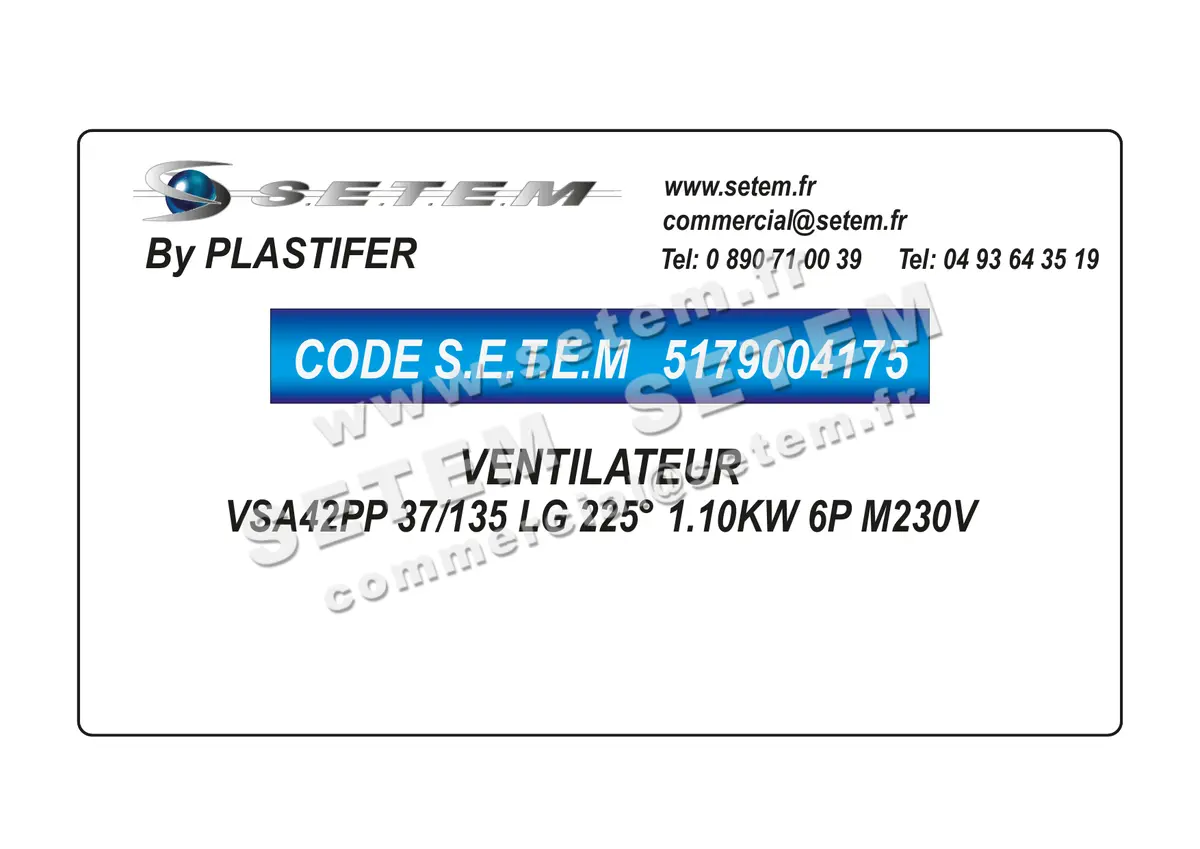 5179004175-VENTILATEUR PLASTIFER VSA42PP 37/135 LG 225° 1.10KW 6P M230V