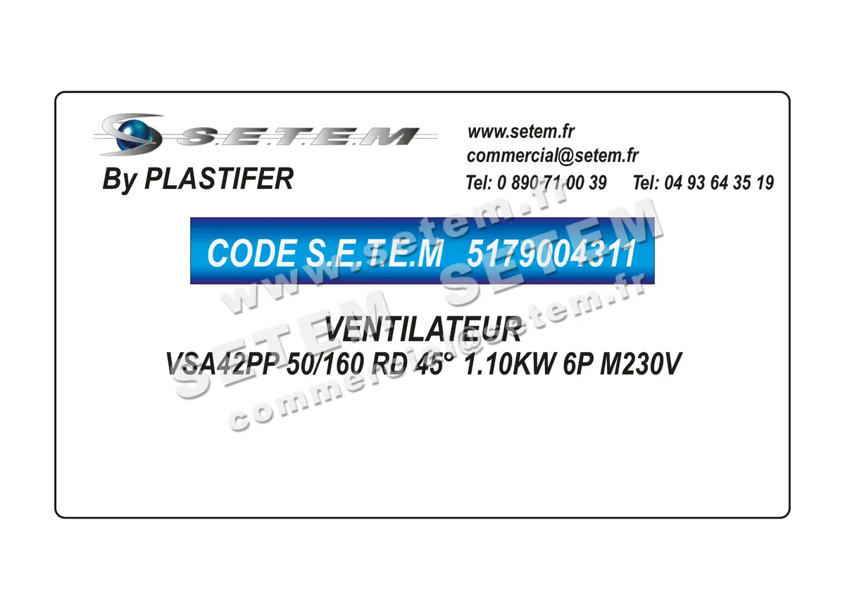 5179004311-VENTILATEUR PLASTIFER VSA42PP 50/160 RD 45° 1.10KW 6P M230V
