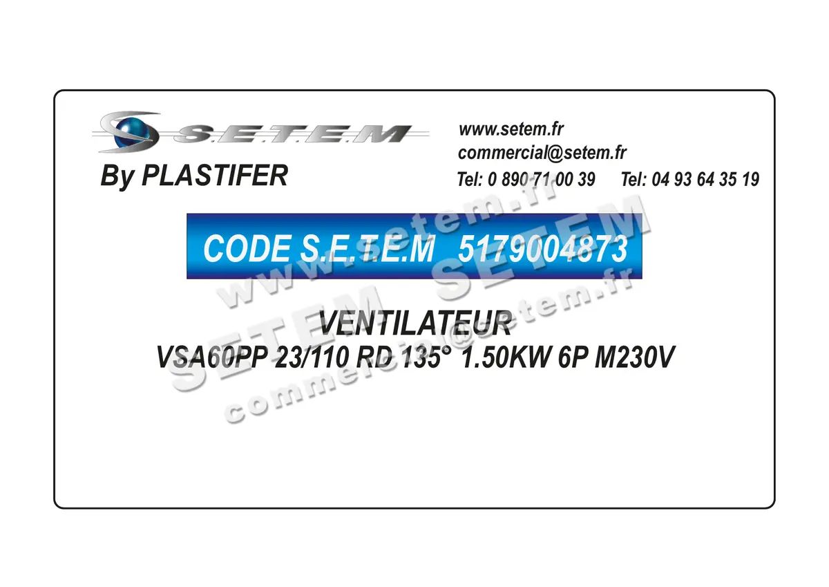 5179004873-VENTILATEUR PLASTIFER VSA60PP 23/110 RD 135° 1.50KW 6P M230V