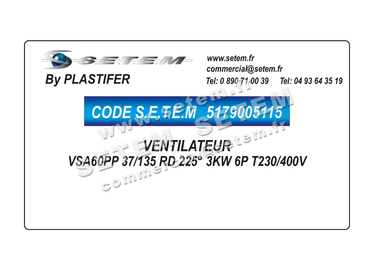 5179005115-VENTILATEUR PLASTIFER VSA60PP 37/135 RD 225° 3KW 6P T230/400V