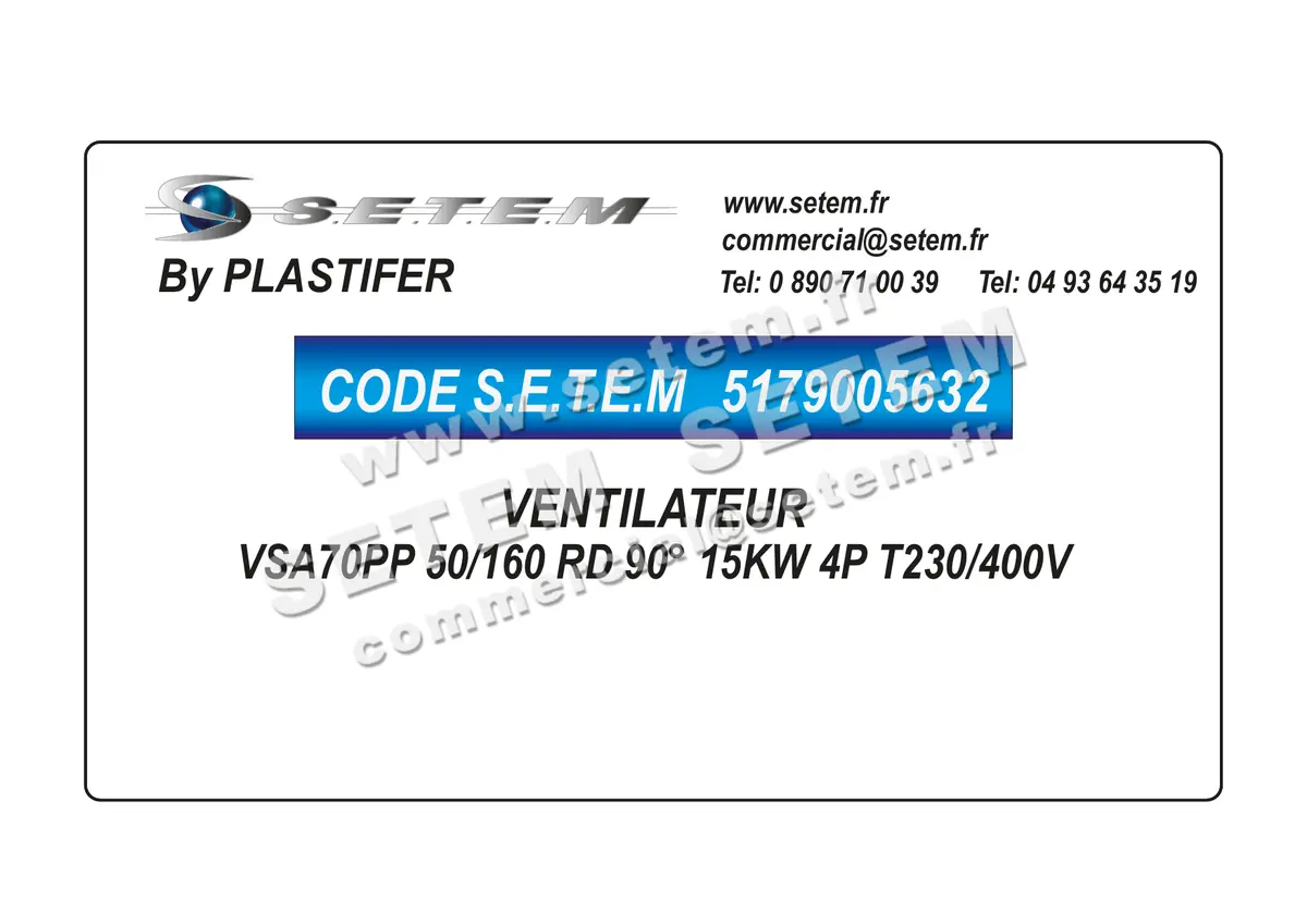 5179005632-VENTILATEUR PLASTIFER VSA70PP 50/160 RD 90° 15KW 4P T230/400V