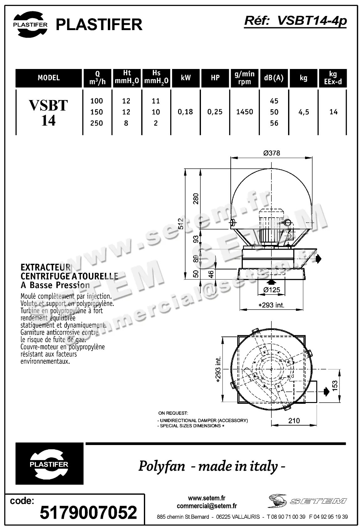 5179007052-TOURELLE PLASTIFER VSBT14PP 0.18KW 4P M230V 2