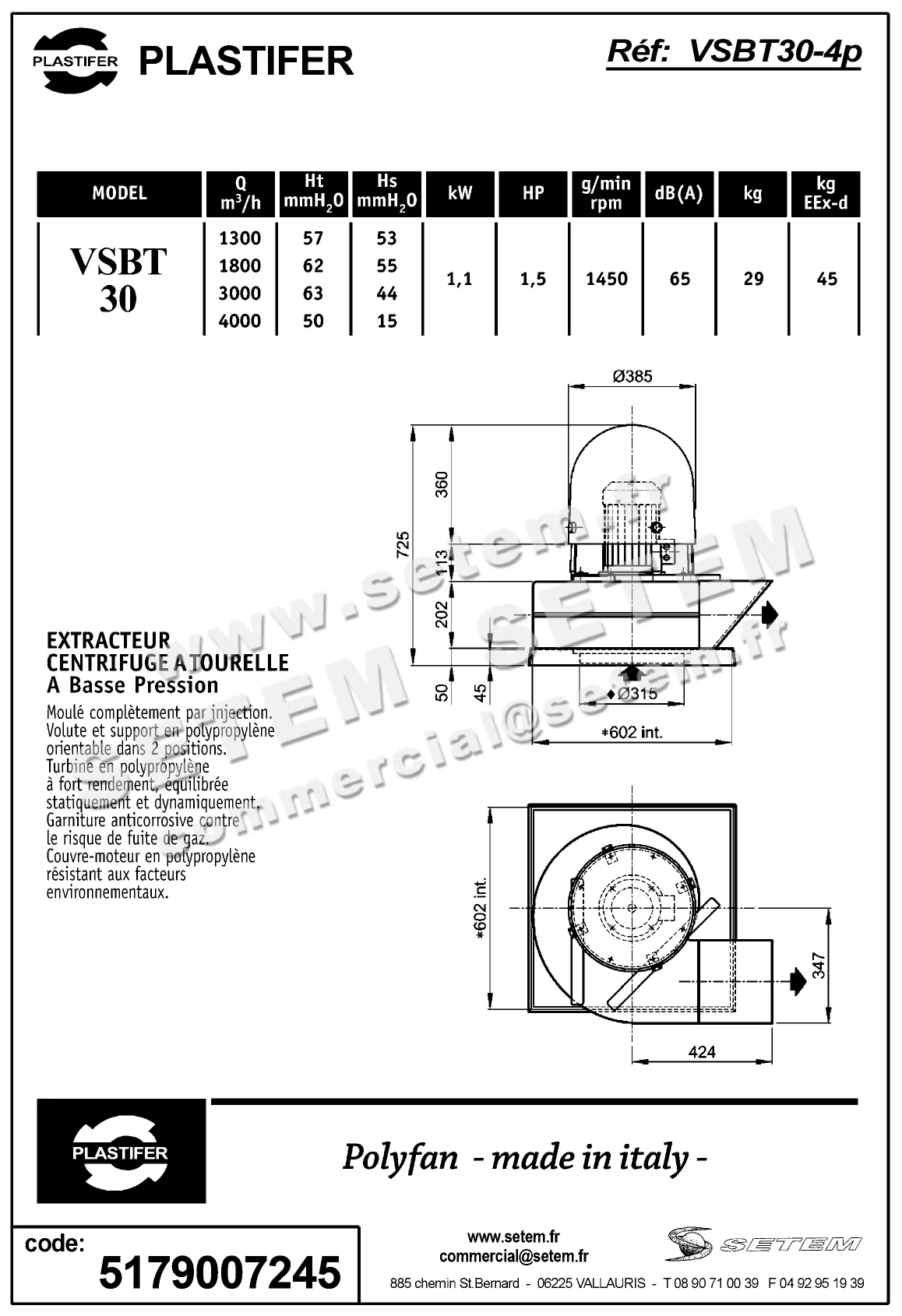 5179007245-TOURELLE PLASTIFER VSBT30PP 1.10KW 4P T230/400V 2
