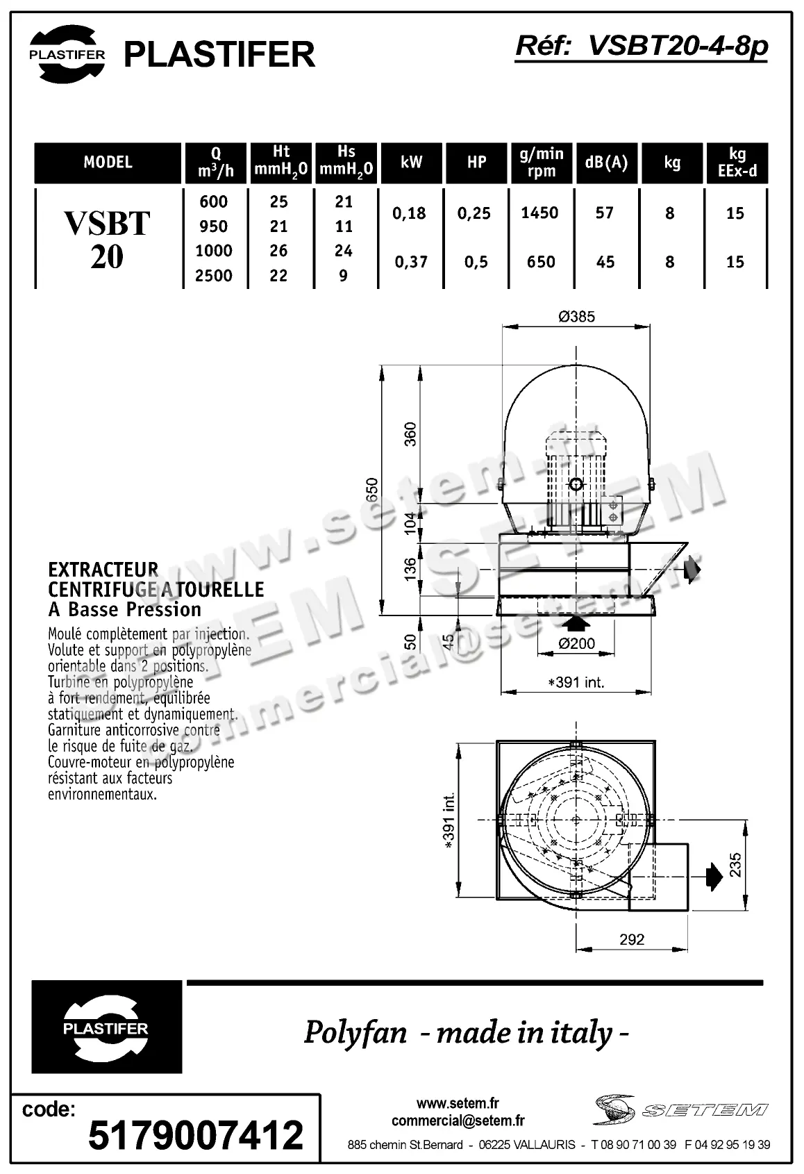 5179007412-TOURELLE PLASTIFER VSBT20PP 0.50/0.12KW 4/8P T400V 2