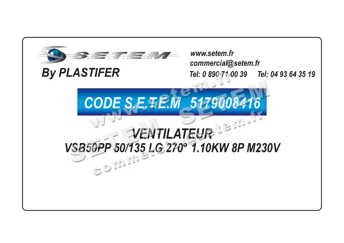 5179008416-VENTILATEUR PLASTIFER VSB50PP 50/135 LG 270° 1.10KW 8P M230V