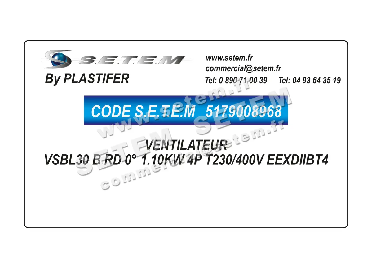 5179008968-VENTILATEUR PLASTIFER VSBL30 B RD 0° 1.10KW 4P T230/400V EEXDIIBT4