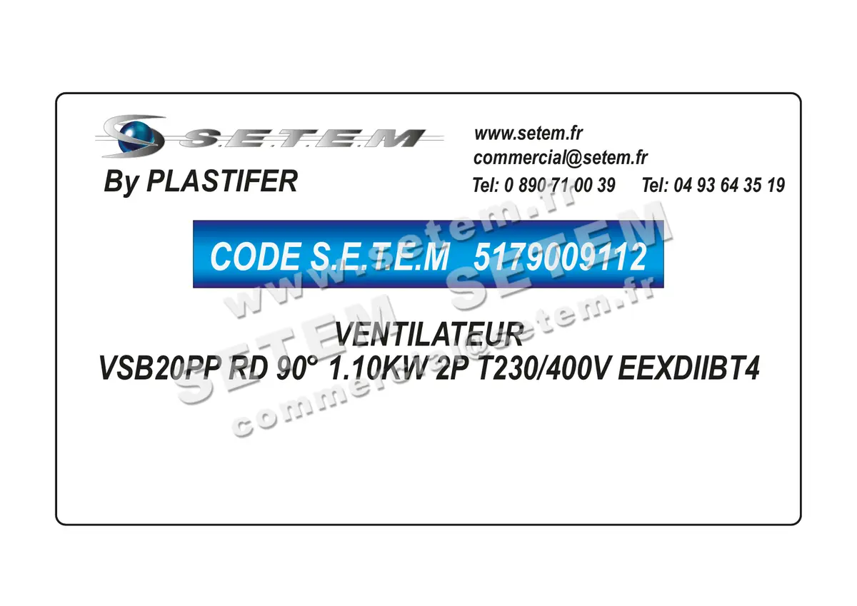 5179009112-VENTILATEUR PLASTIFER VSB20PP RD 90° 1.10KW 2P T230/400V EEXDIIBT4