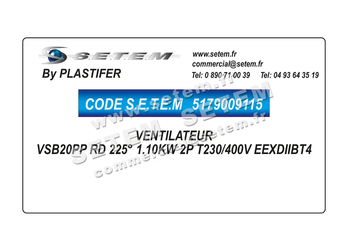 5179009115-VENTILATEUR PLASTIFER VSB20PP RD 225° 1.10KW 2P T230/400V EEXDIIBT4